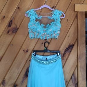 AQUA TWO PIECE JEWELED PROM DRESS